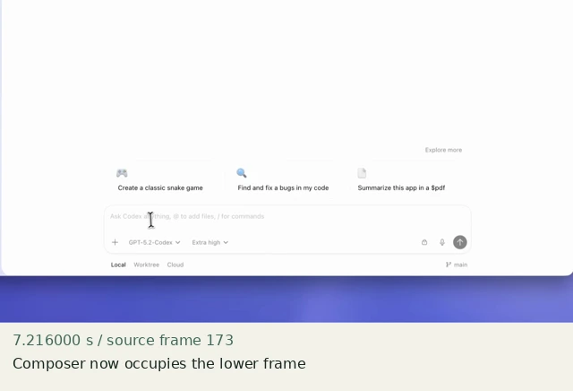 Composer now occupies the lower frame at source 7.216000 seconds