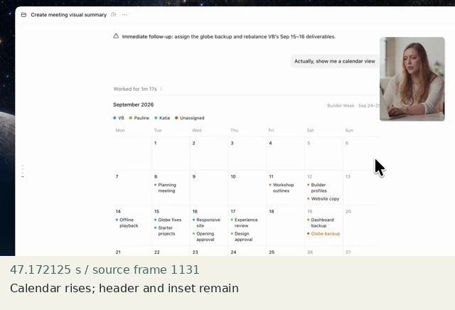 Calendar rises; header and inset remain at source 47.172125 seconds