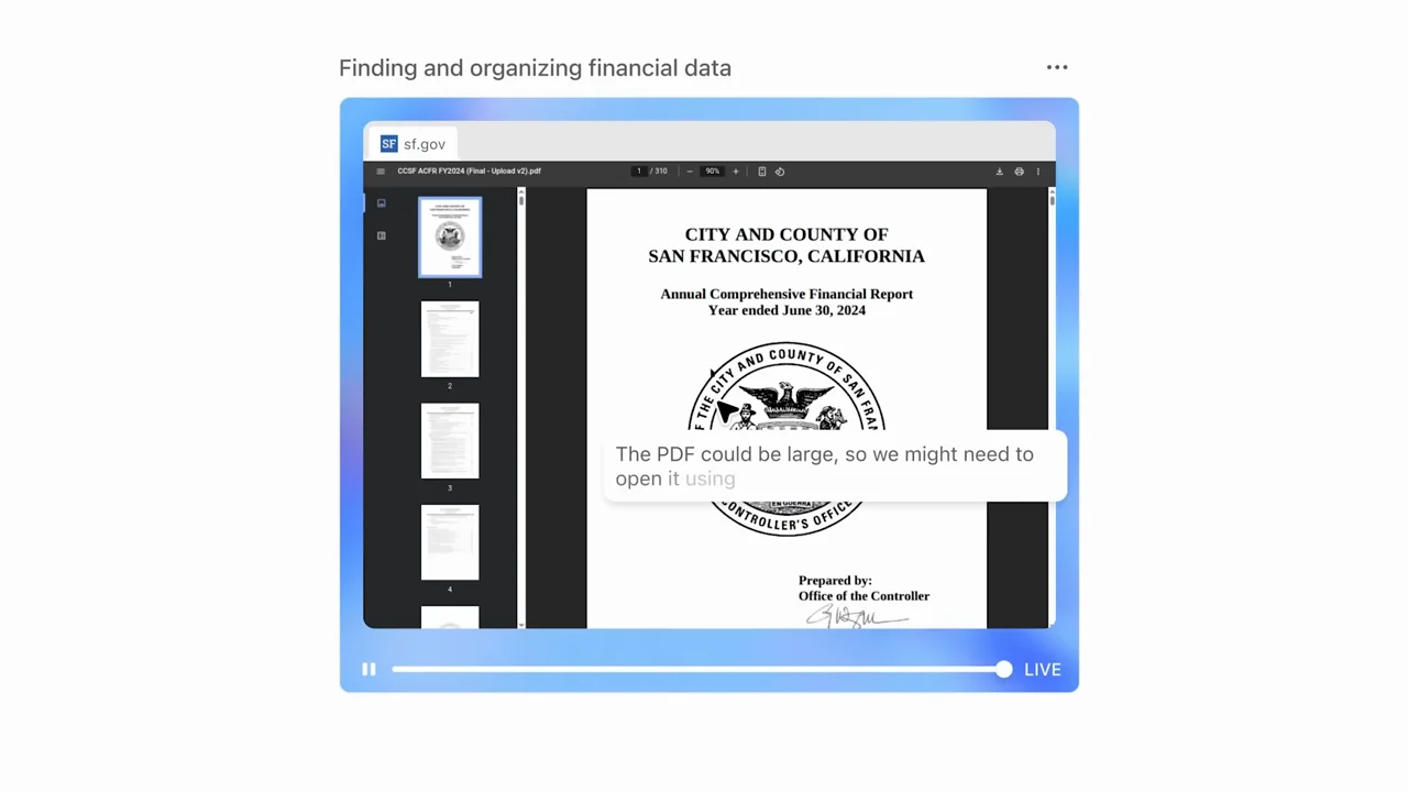 A financial PDF appears inside the agent's browser view.