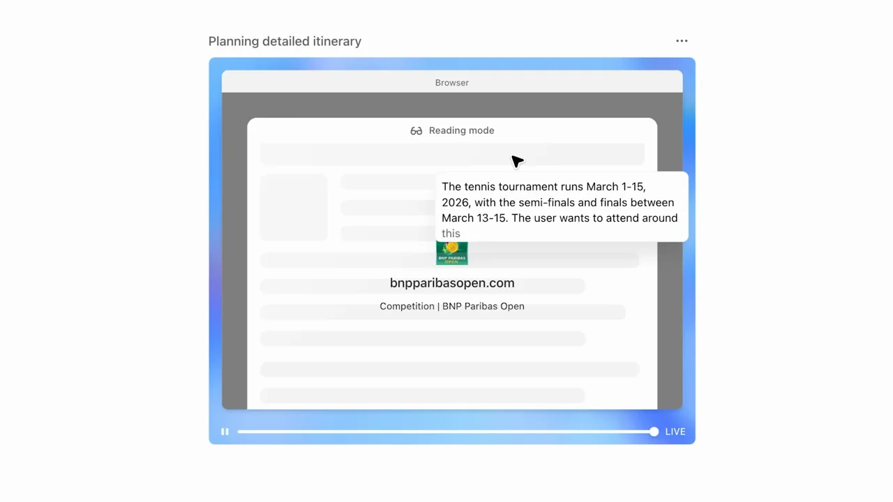A travel task uses a compact browser/activity card.