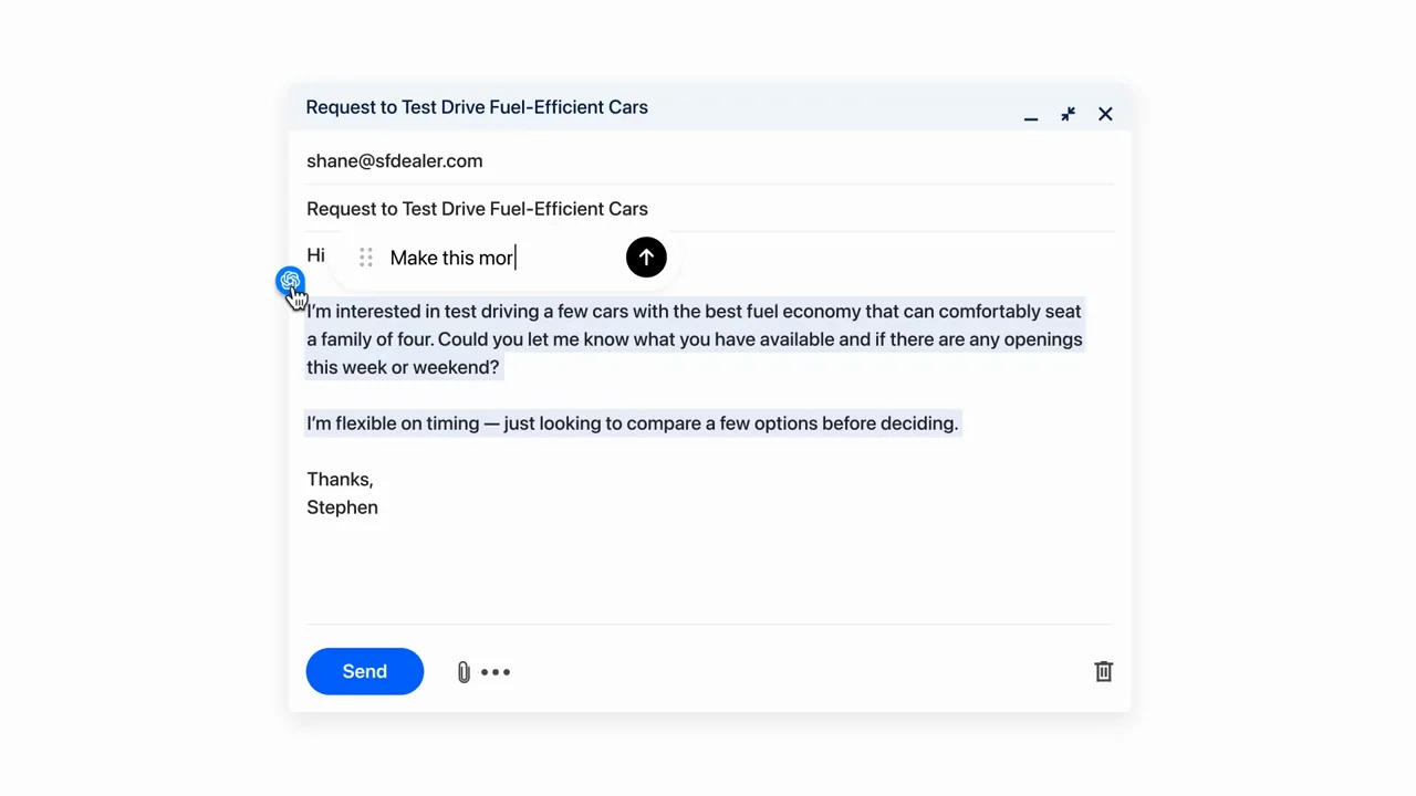 Selected email text exposes an inline rewriting control.