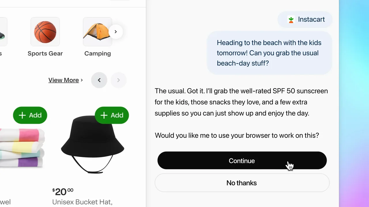 The assistant asks for confirmation before browser action.