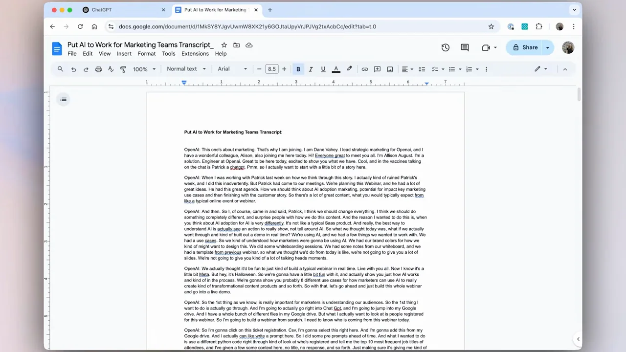 Canvas selection, a prompt, and an attachment lead to a source transcript document.