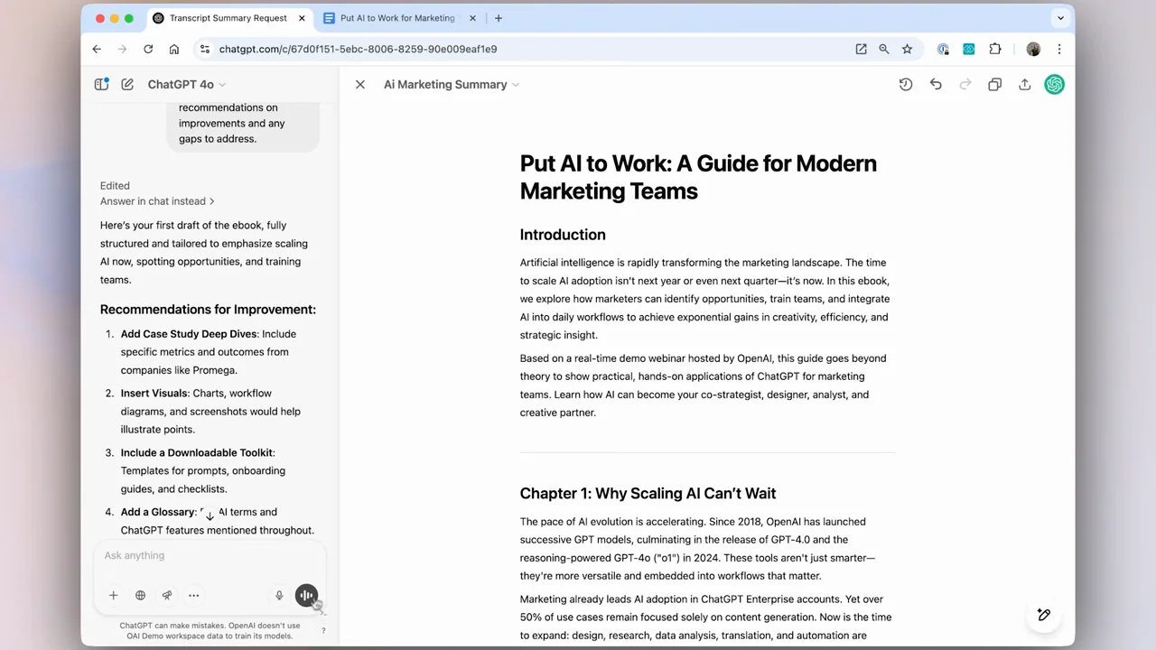 A follow-up request expands the summary into a chaptered document.