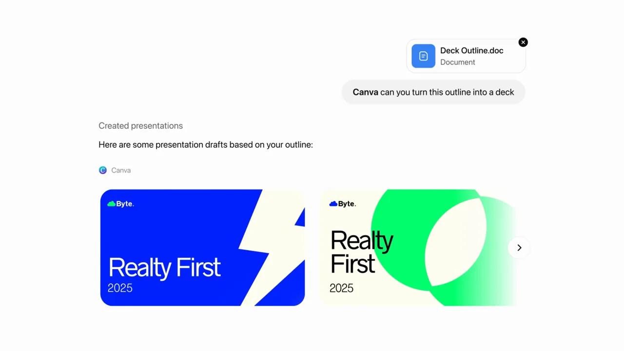 A chapter and app-tagged prompt lead to presentation options.