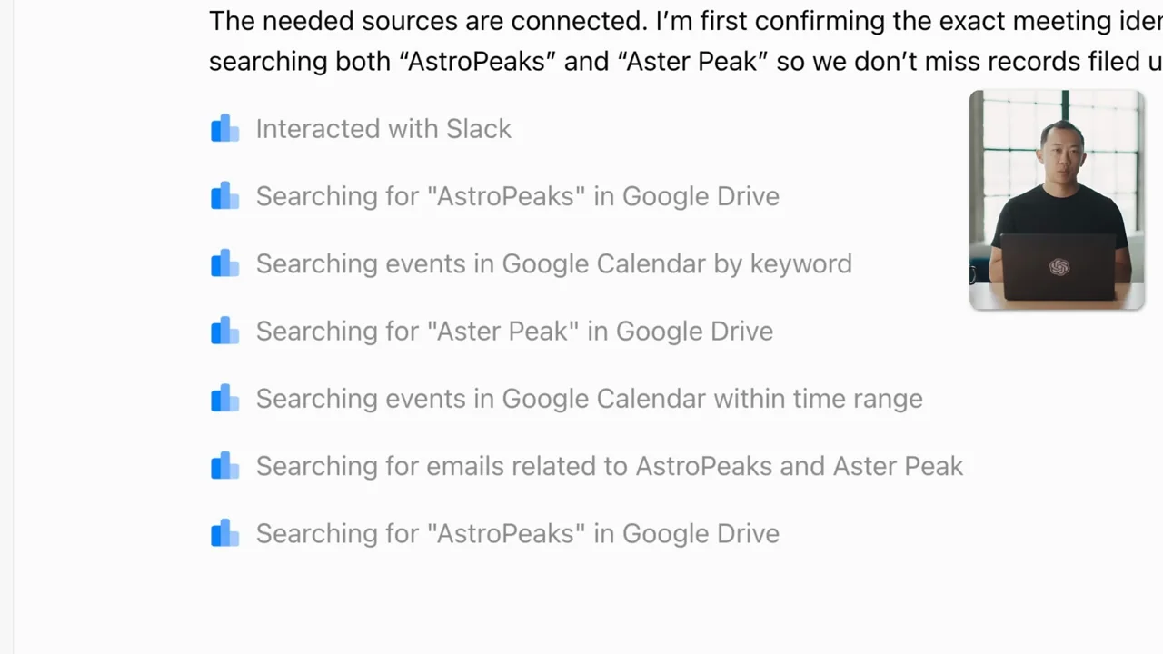 The task lists interactions with communication, file, and calendar sources.