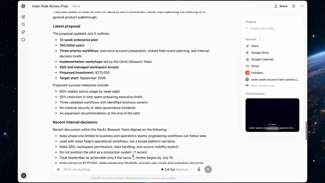 An executive-review brief displays summary and decision sections.