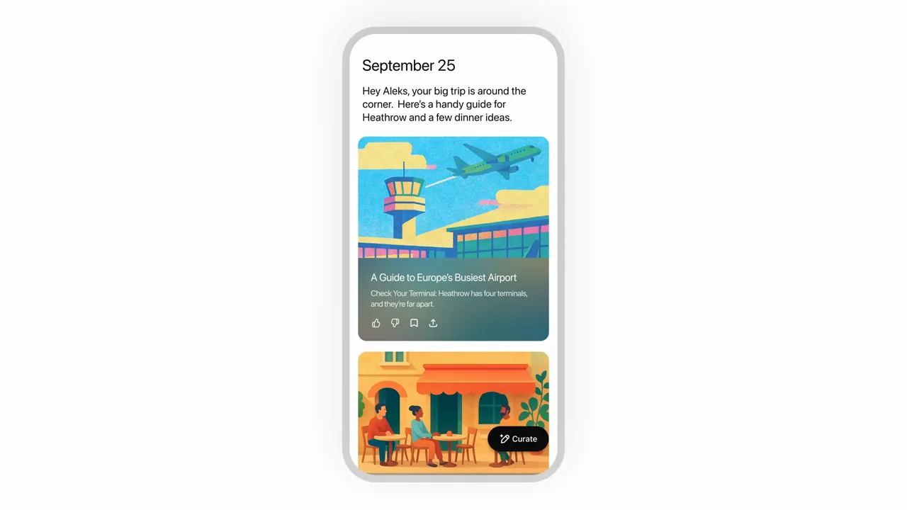 A phone greeting leads to a stack of cards.