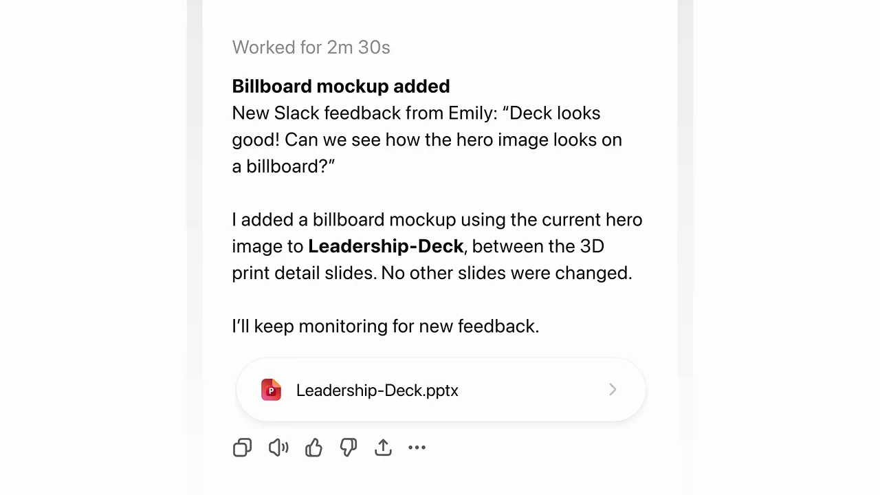 A task update includes a revised presentation attachment.