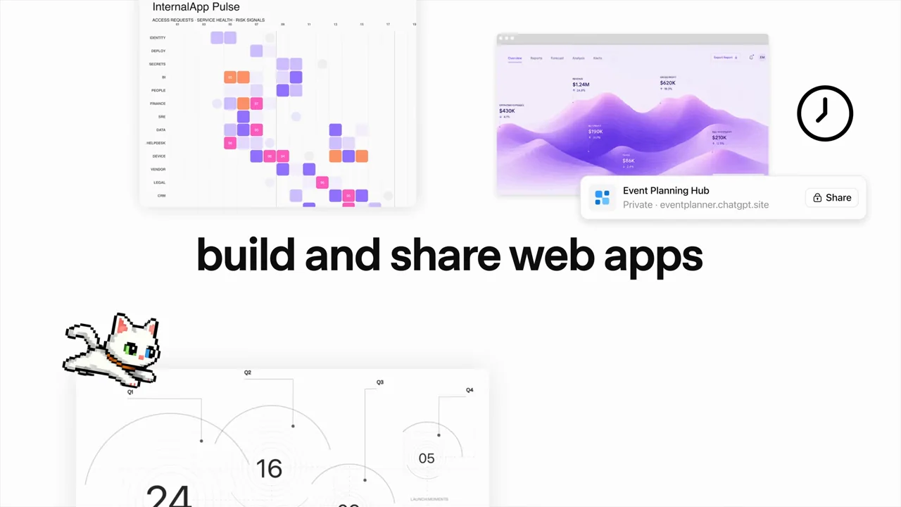 Small app designs surround an expanding build-and-share statement.