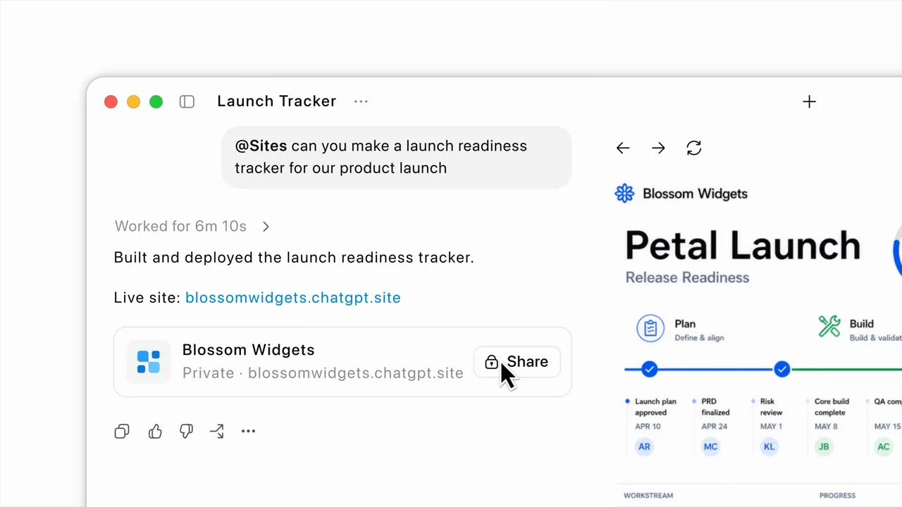 A conversation result and generated launch page share the frame.