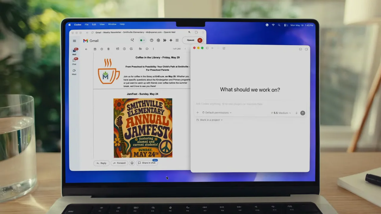 A laptop shows the source document beside the composer.