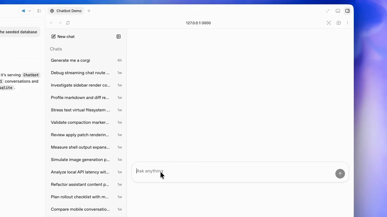 A chat-style web app is exercised in a browser panel.