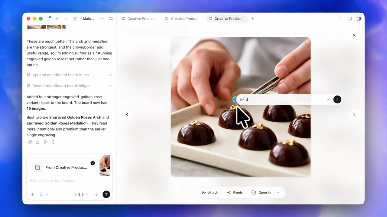 One image opens large and a region receives a contextual edit control.