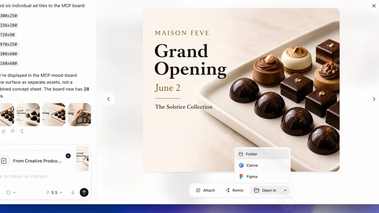 The selected design exposes an Open-in destination menu.