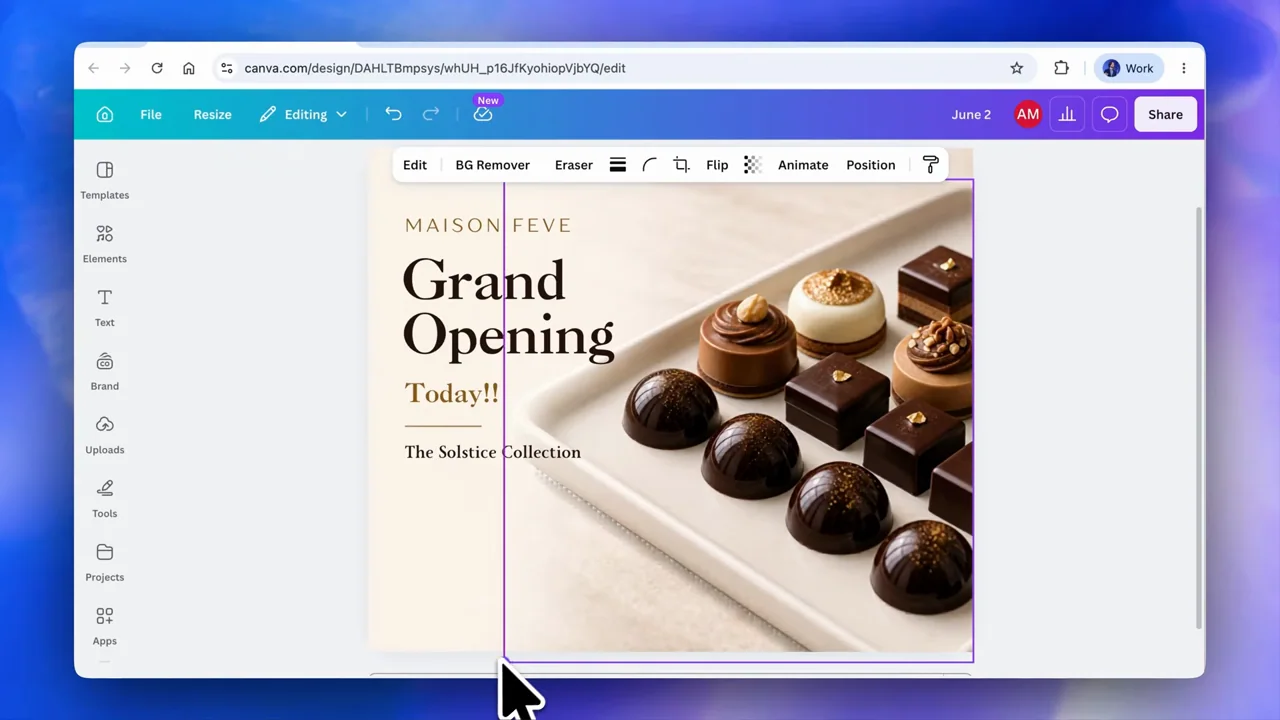 The image layer is selected and adjusted within the design.