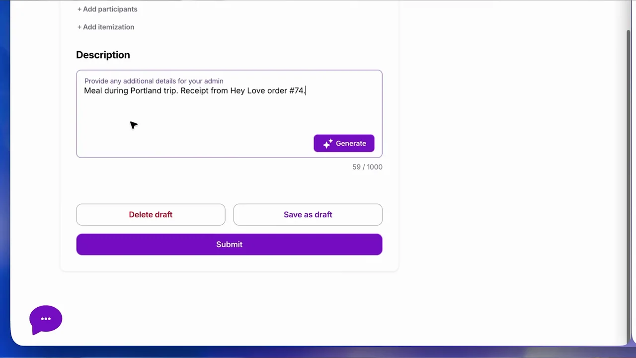 A new prompt leads through upload and expense-description fields.