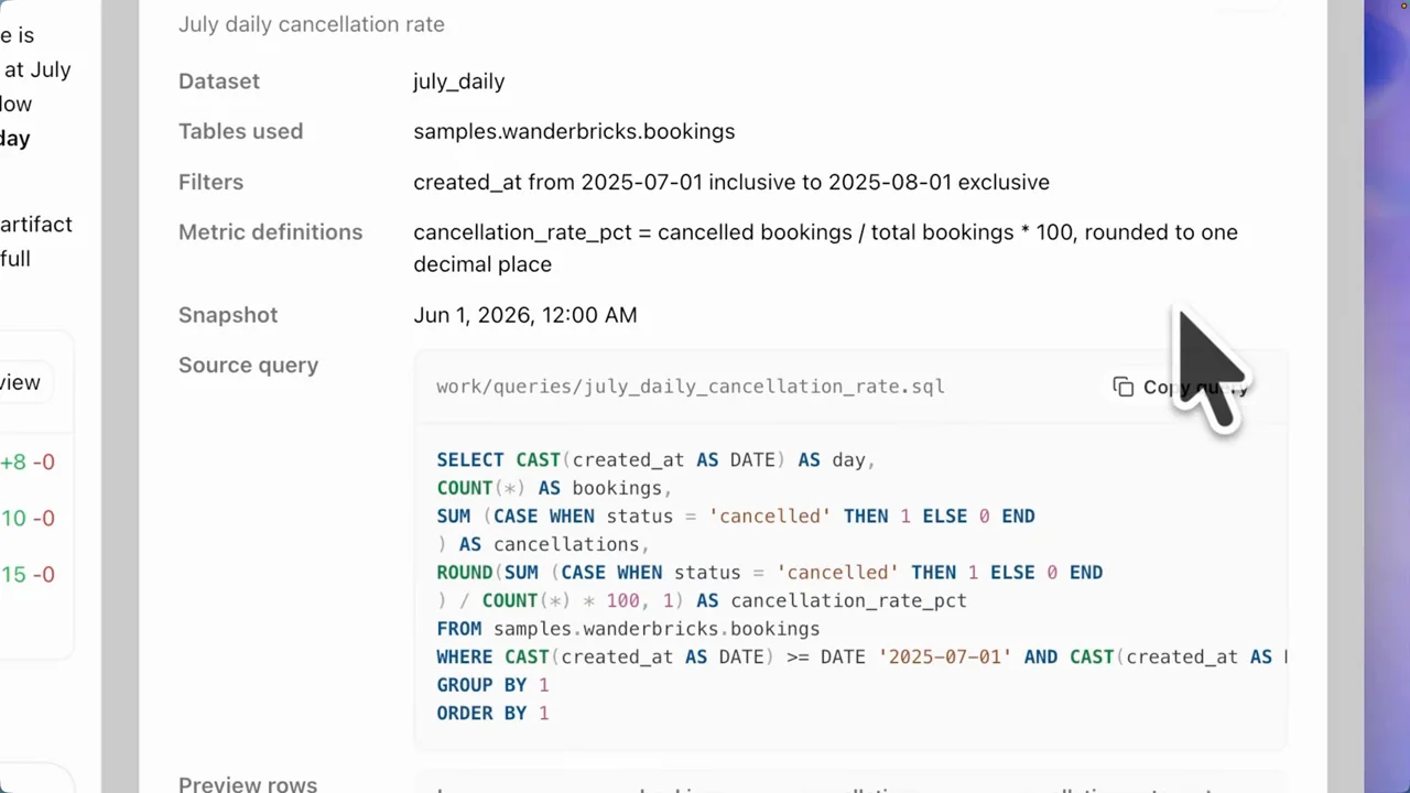 A source view displays tables, filters, a query, and a copy control.