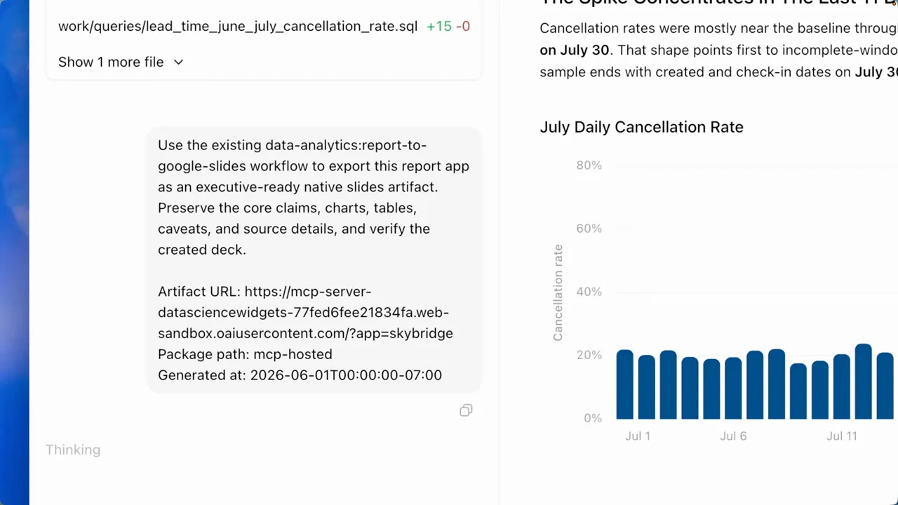 The export request appears in the conversation beside the report.