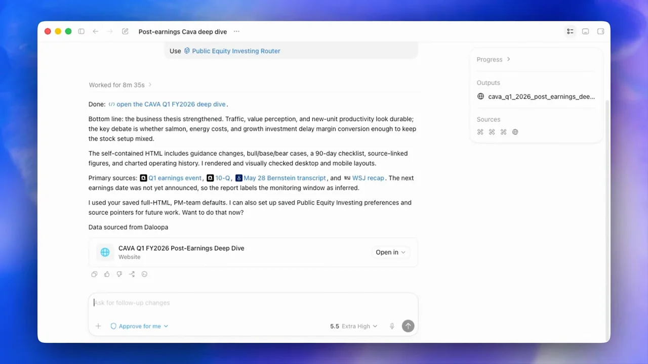 The response returns a linked analytical report.