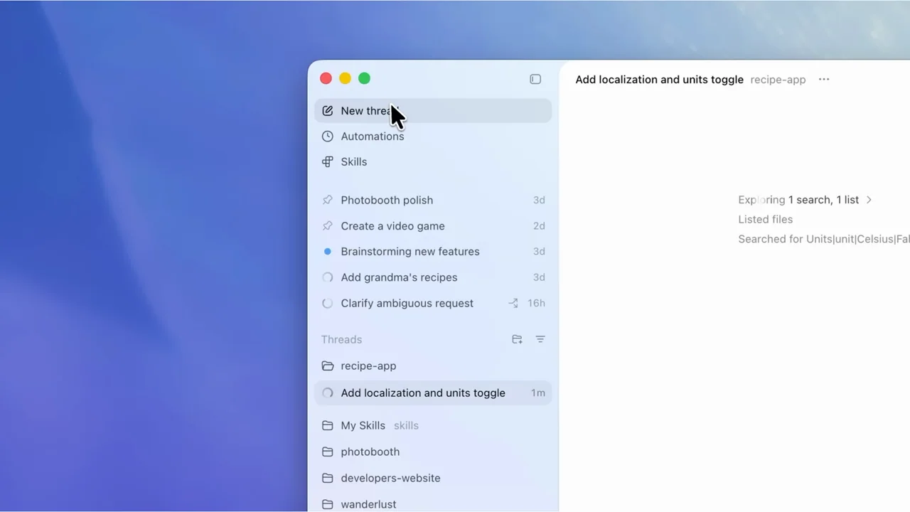The sidebar and new-thread action show multiple work contexts.