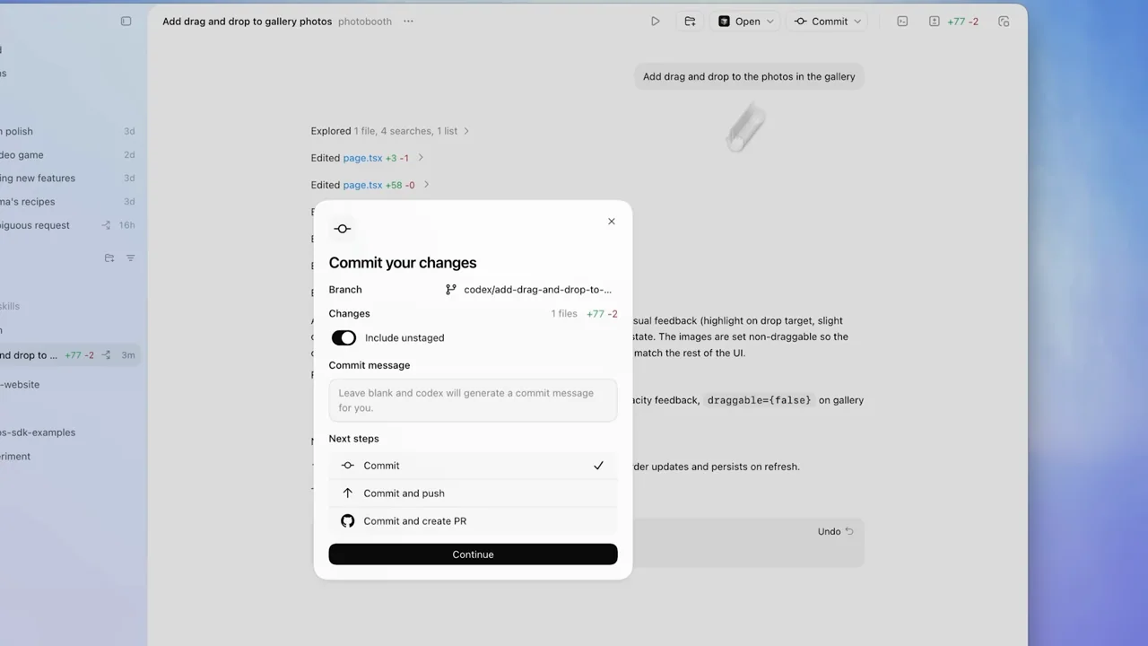 The commit action opens a dialog and advances through status.