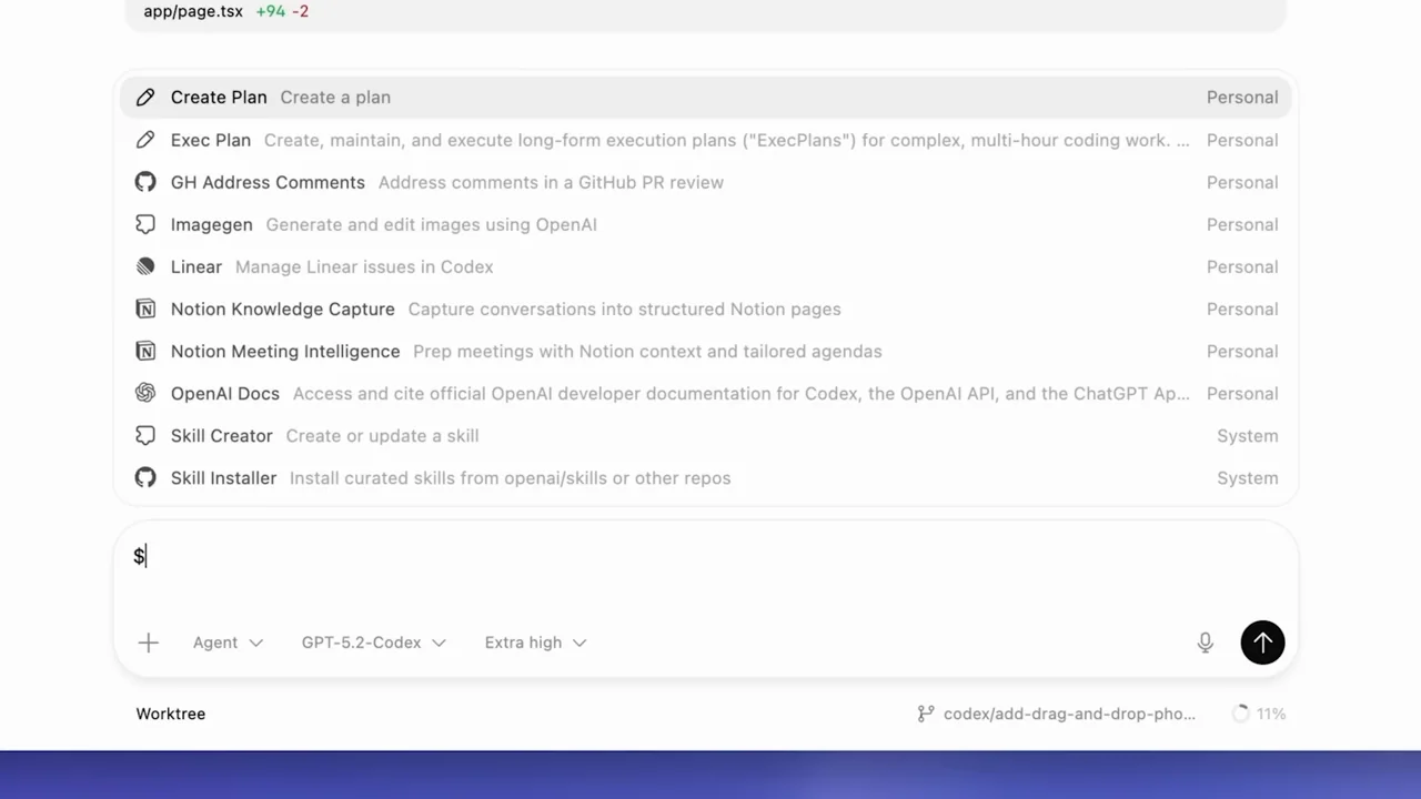 A skill panel and picker appear.