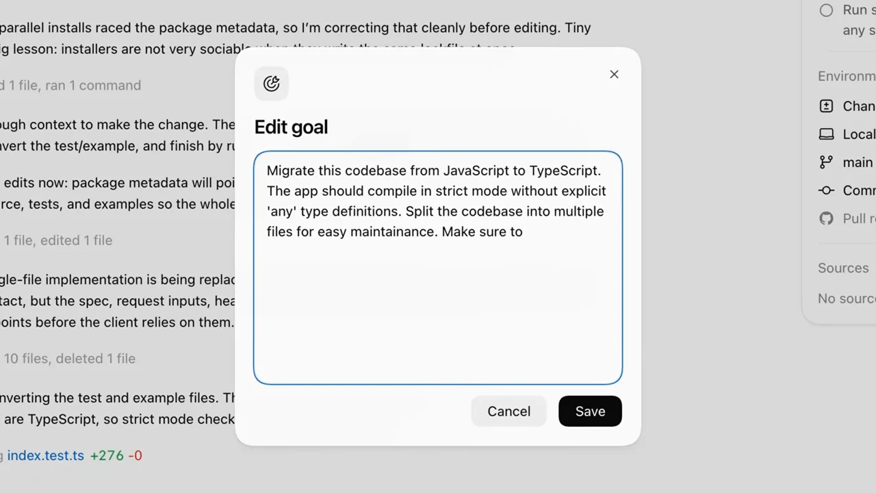 Representative frame from Run long tasks in Codex using goals