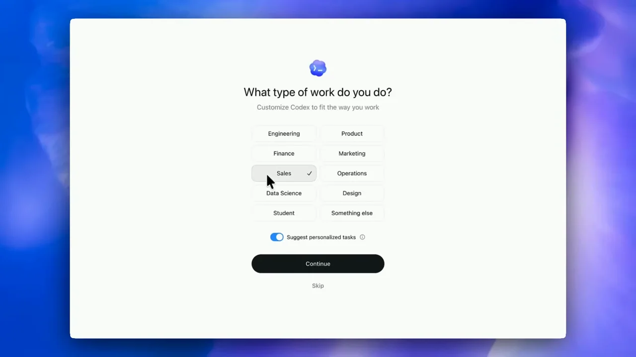The onboarding screen selects a work category.