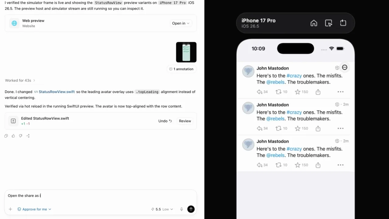 The response shows an edited-file summary alongside the unhighlighted app.