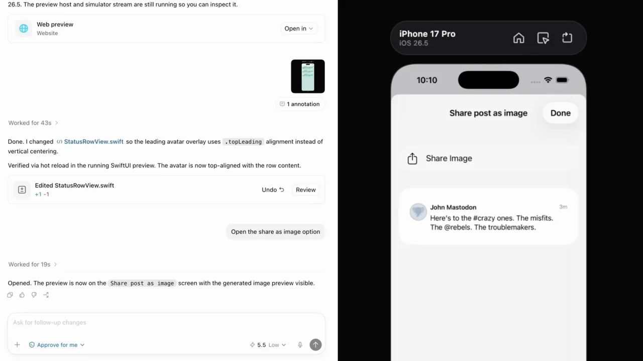 A sheet displays a post preview and a share action.