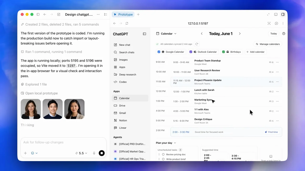 The running calendar prototype opens beside the conversation.