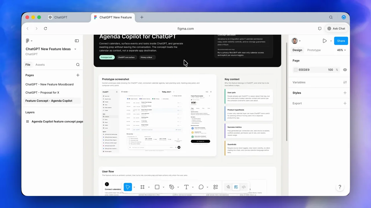 A design canvas shows a concept page with a prototype image and supporting notes.