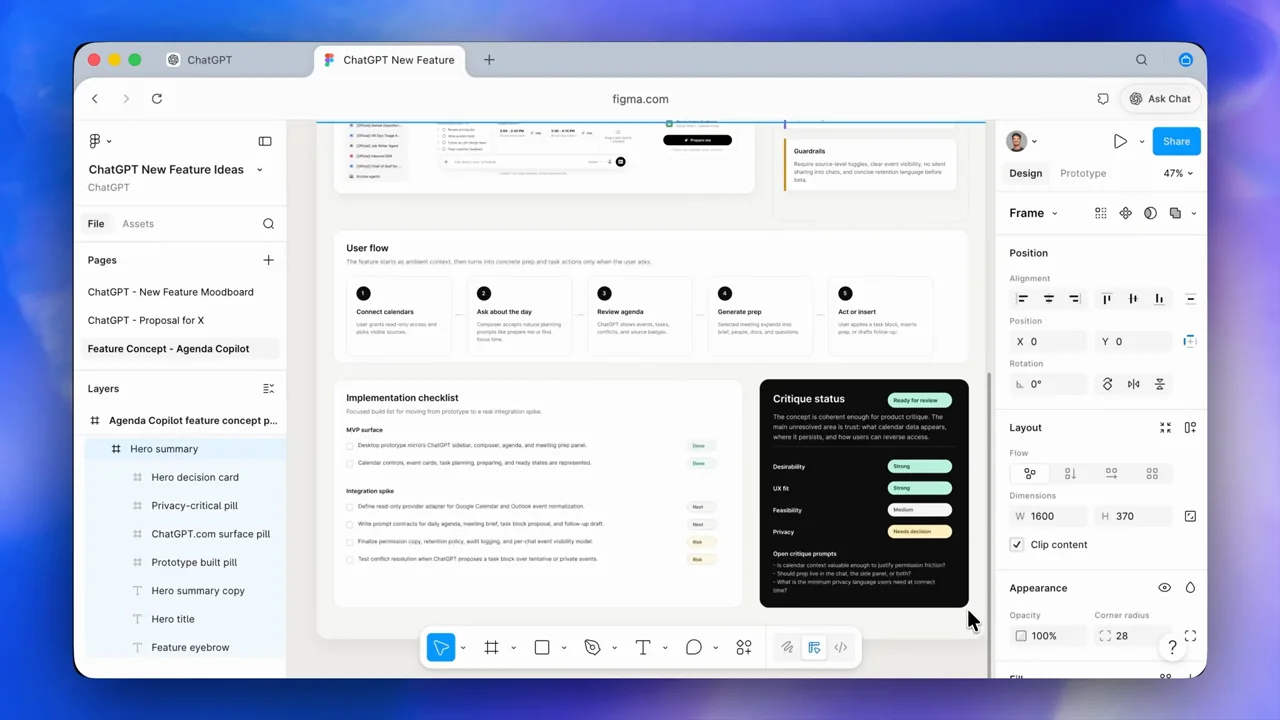 The canvas scrolls to supporting workflow and interface material.