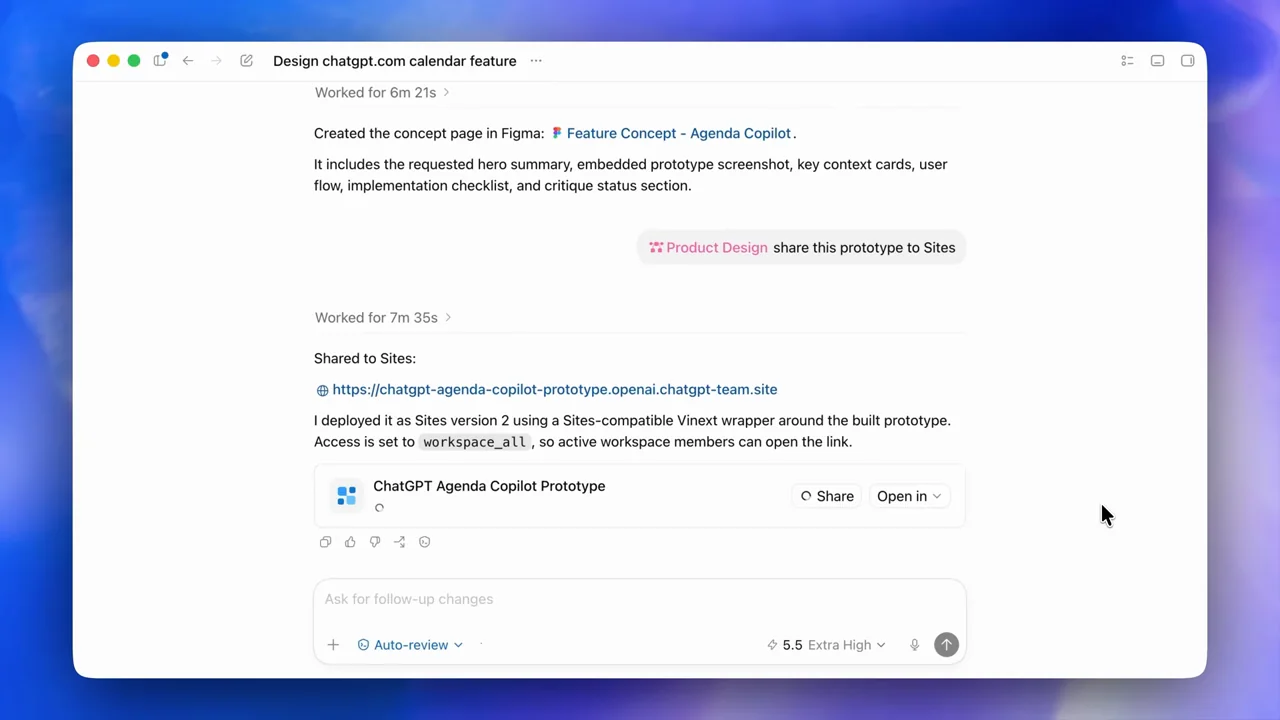 The conversation receives a sharing request and returns a site card.