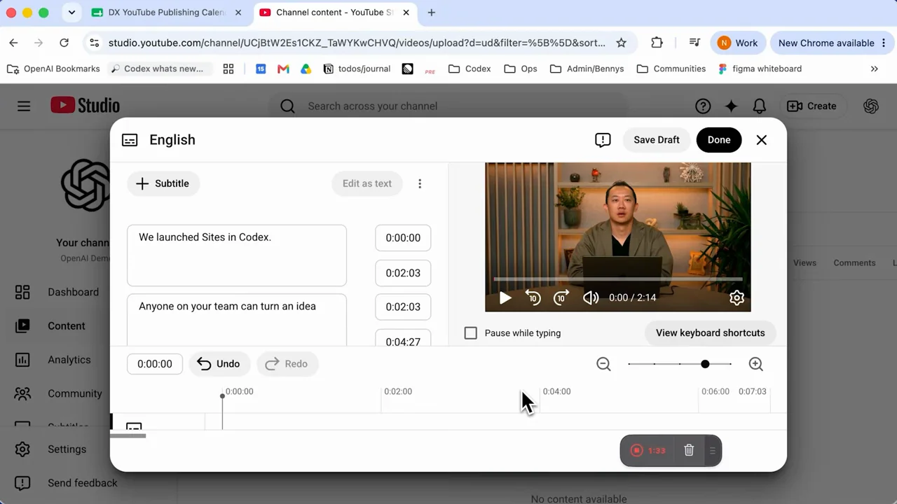 Timed caption rows appear beside the video preview.
