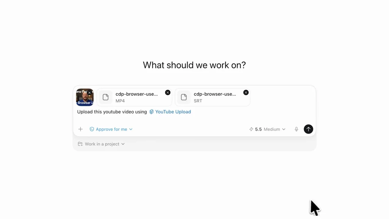 The composer shows attached inputs and a request referencing the upload skill.