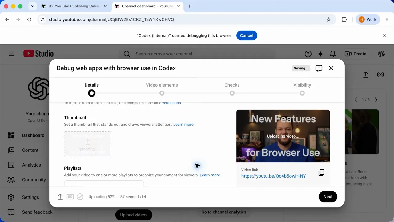 The new video's description and thumbnail appear in the upload form.
