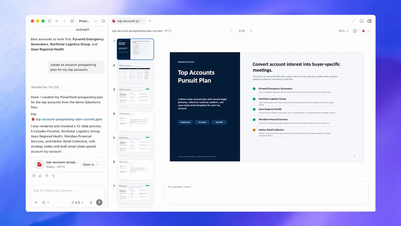 A presentation file opens beside the conversation.