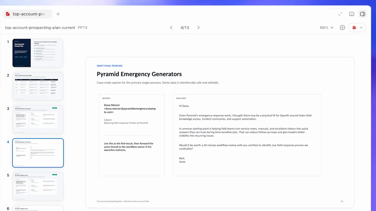 The deck advances from ranking to a specific account plan.