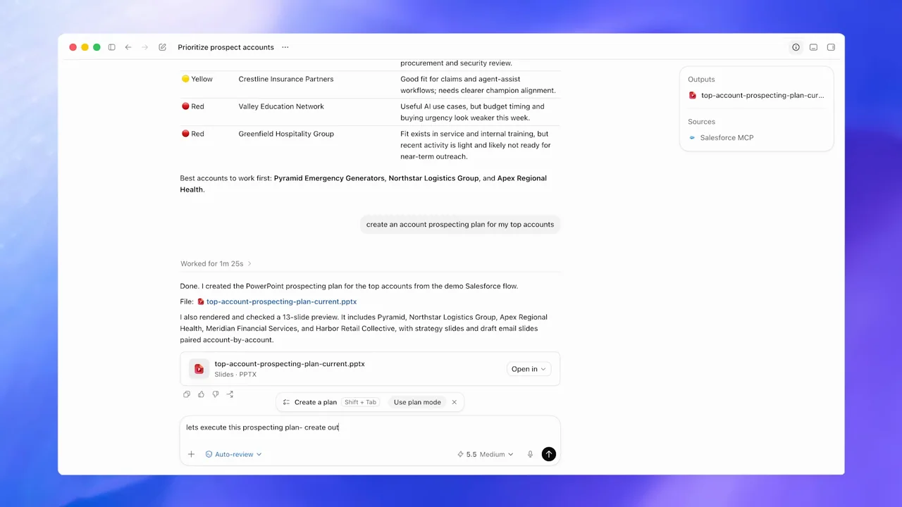 The conversation receives a request to prepare outreach for the selected accounts.