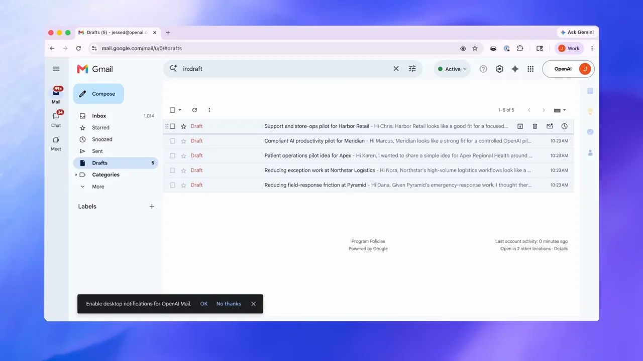 The browser opens Gmail and its draft list.