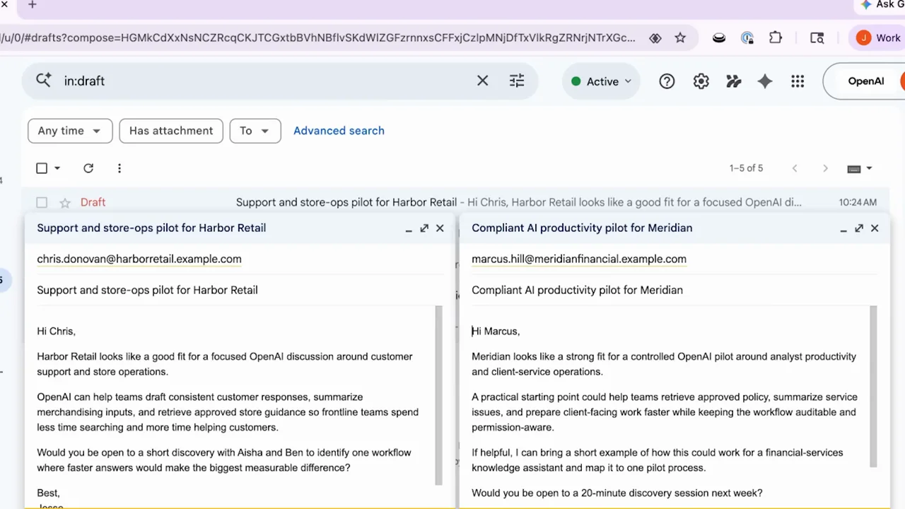 Two draft compose windows appear side by side.