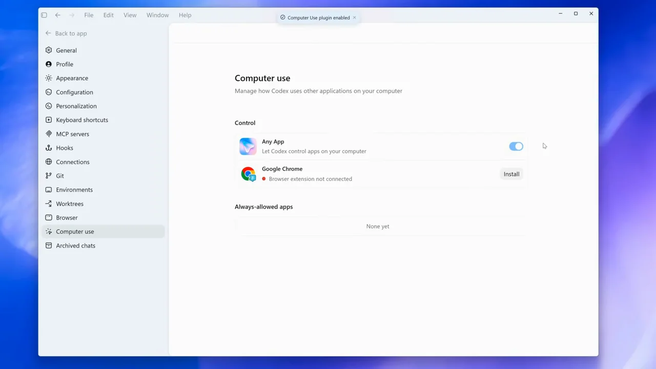 General settings give way to computer-use options.