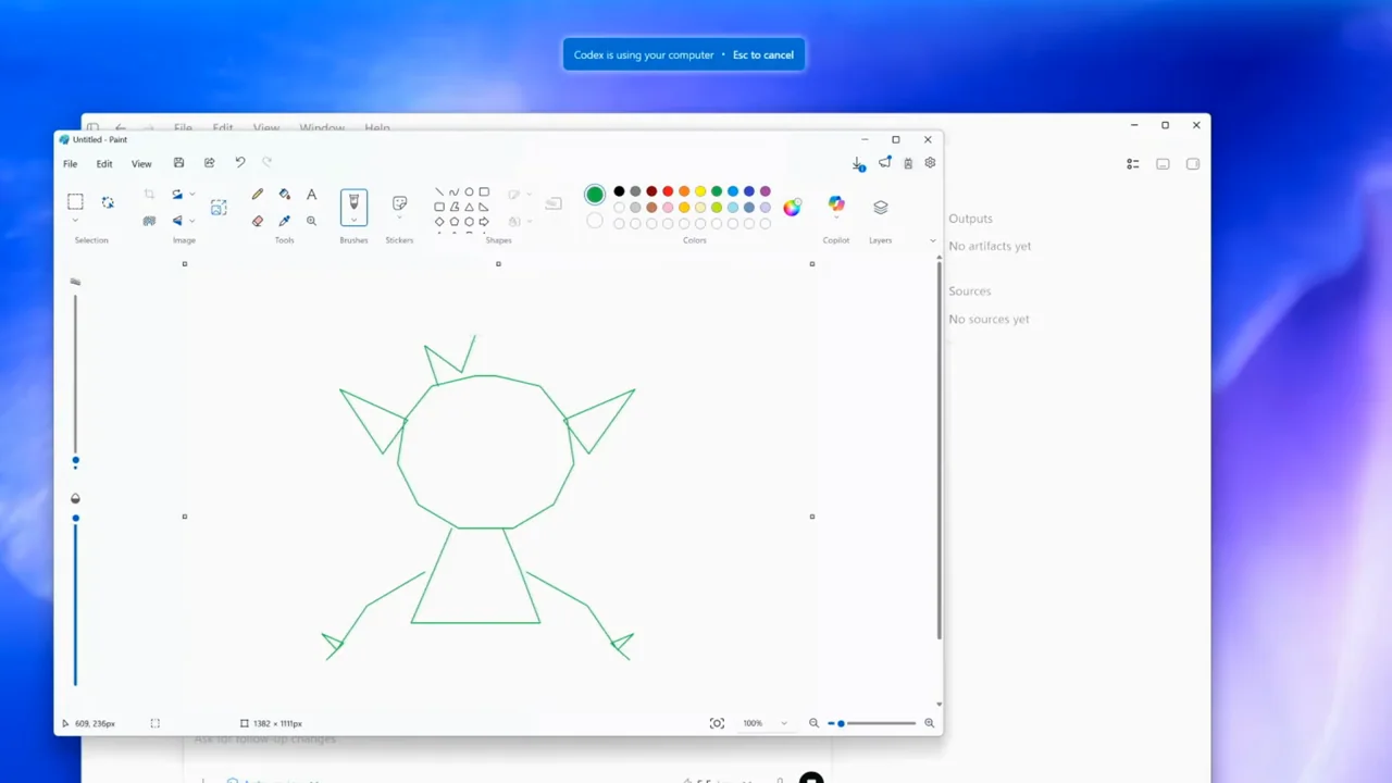 A composer request leads to a drawing in Paint.
