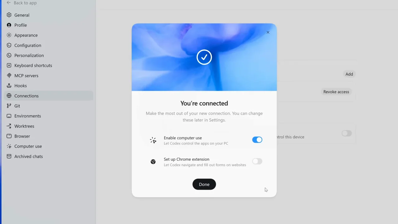 Connections settings show a QR approval screen and connected state.