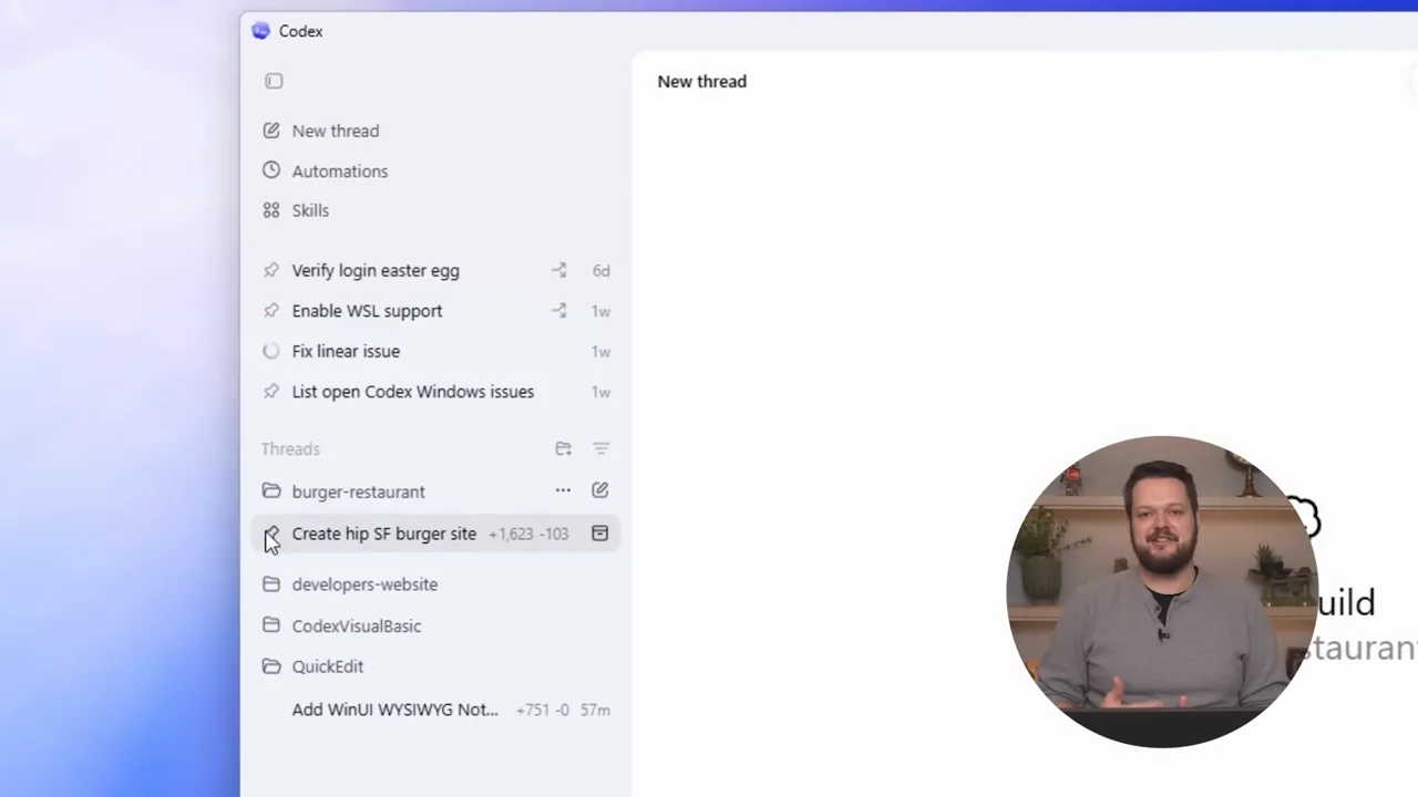 A desktop window and project sidebar appear with a circular presenter inset.