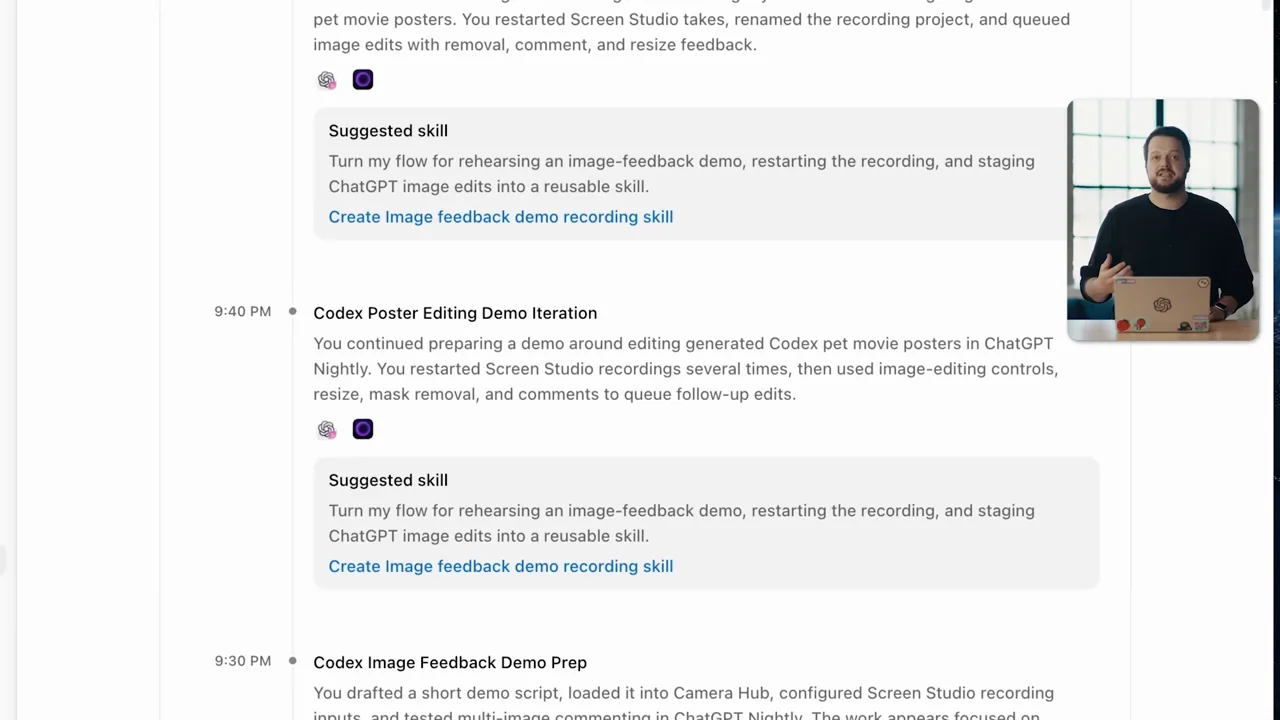 A settings history list shows timestamped activity and suggested skills.