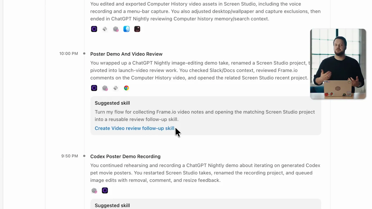 The history list returns and a suggested-skill link is selected.