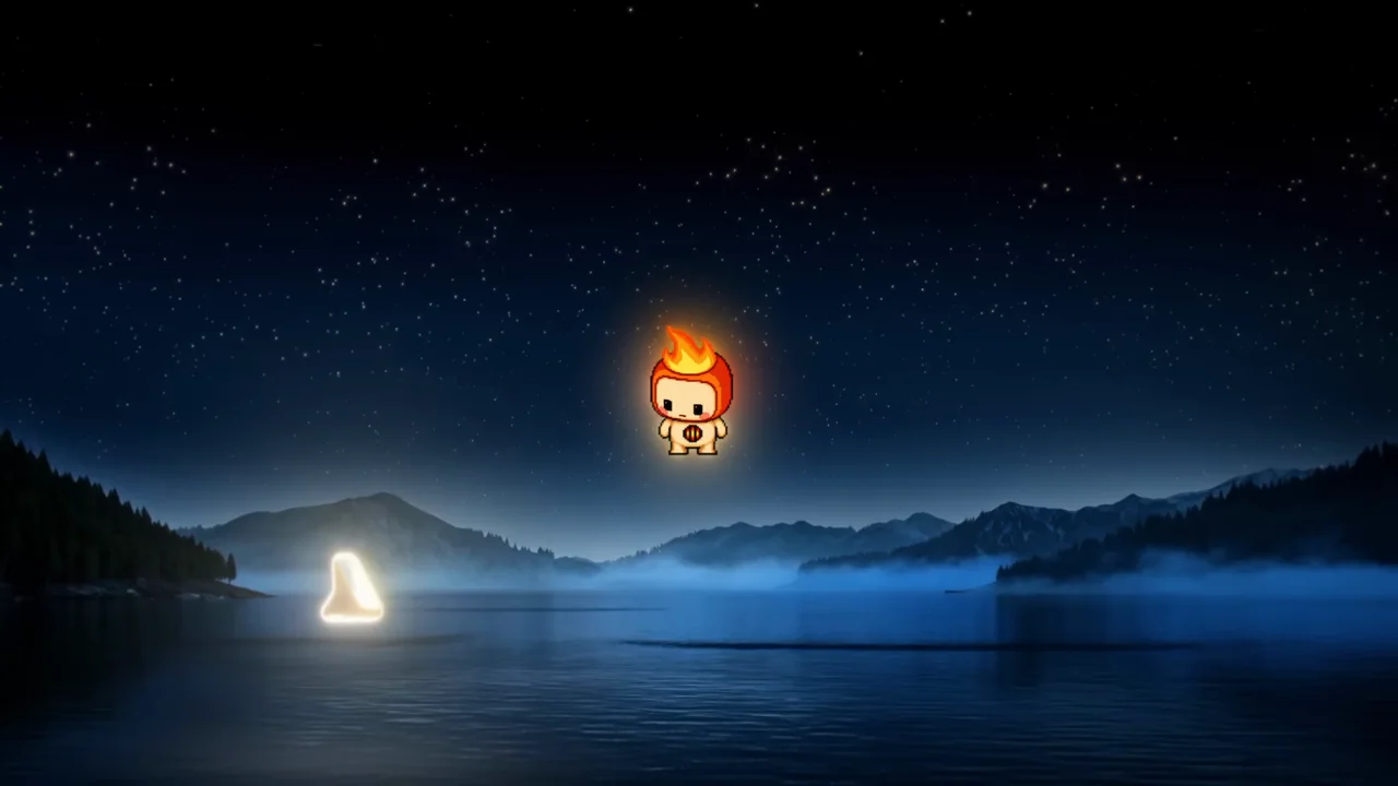 A small character and luminous pointer move over the landscape.
